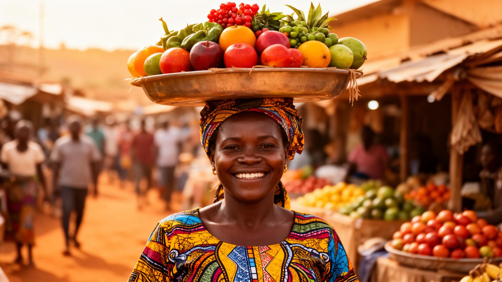 Vendedora angolana sorridente no mercado